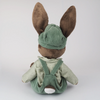 Burrowfolk rabbit, Freddie, sat facing away from the camera.  Showing tail hole detail in his dungarees.