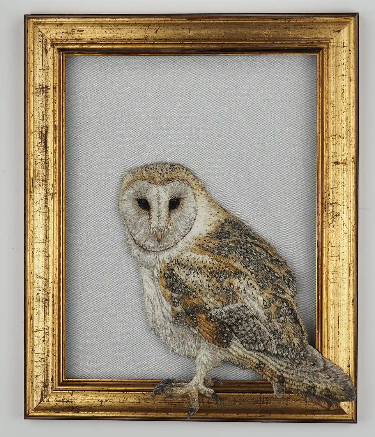 Full view of Window 1 – Barn Owl embroidery artwork in a picture frame.